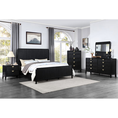 5 - Piece Bedroom For Eastern King, Black Color, Contemporary And Transitional Decor, Bed Nightstand Dresser Mirror Chest King Bed, Modern Look,