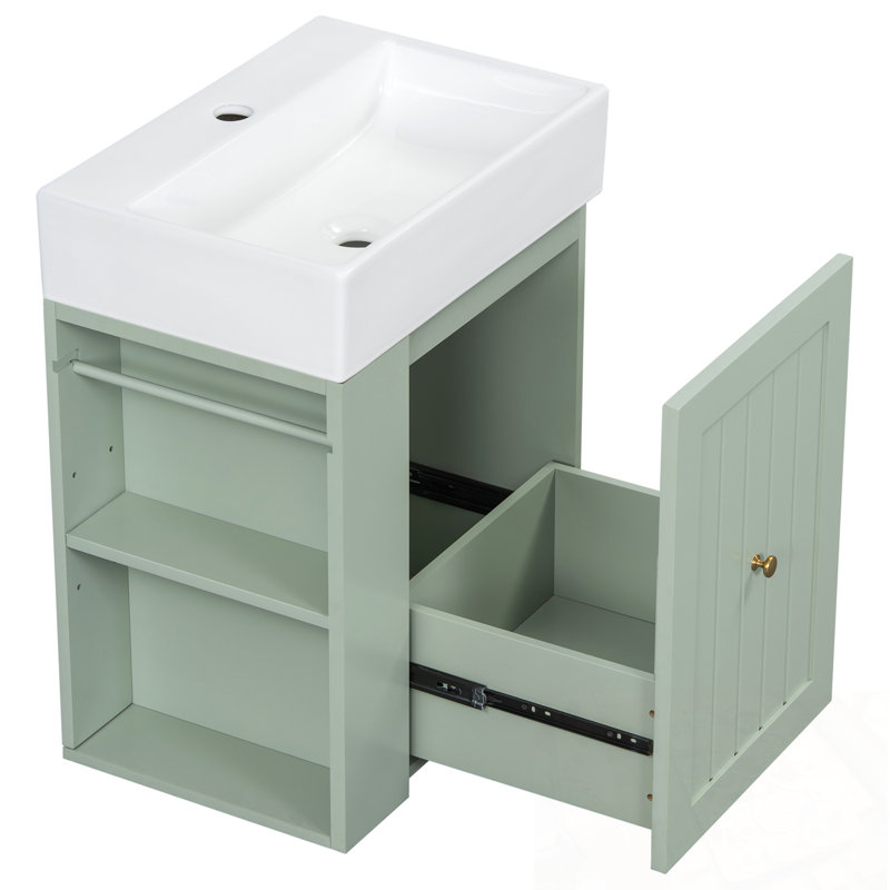 Wall Bathroom Vanity with Sink and side shlef, Green