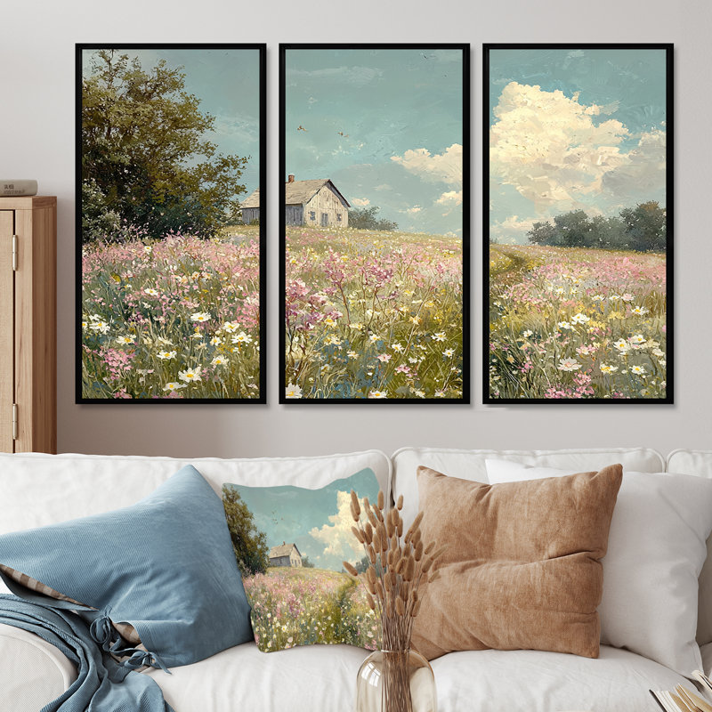 «Rose et vert ferme», ensemble d'art mural de ferme, H 28 po x l 36 po x P 1 po, Toile avec cadre flottant noir