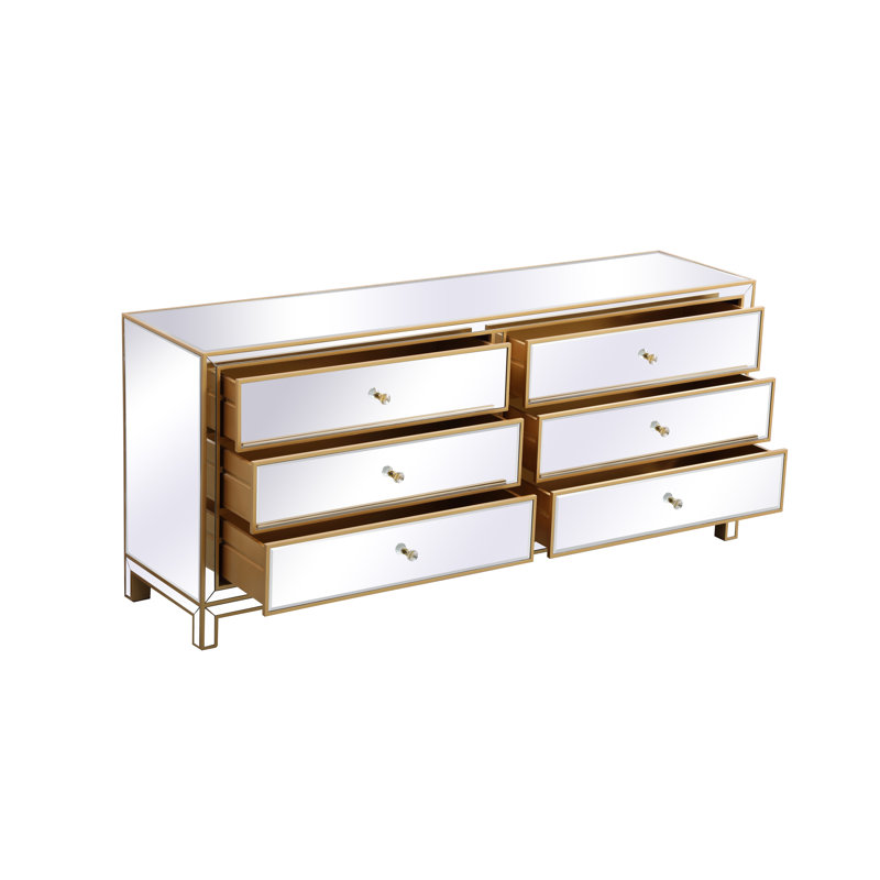 Commode double 6 tiroirs Rotella Mirrored, Doré