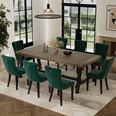 9 Pieces Modern Farmhouse Rectangle Dining Set with Mid-century High-end Tufted Dining Chair Set for 8
