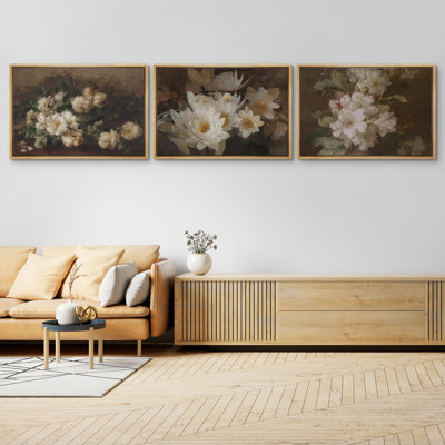 Rustic Floral " Vintage Garden Flower Bouquets Brown Floral Botanical " 3 - Pieces