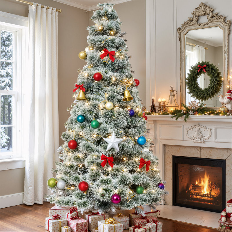 Arbre de Noël artificiel pré-éclairé enneigé, sapin de Noël artificiel à charnières, H 7,5 pi