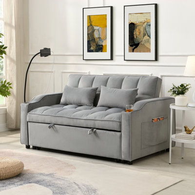 Canapé-lit futon moderne en velours avec canapé-lit, petit canapé-lit avec dossier inclinable réglable, coussins décoratifs, poches, meubles de salon, canapé-lit convertible 3 en 1