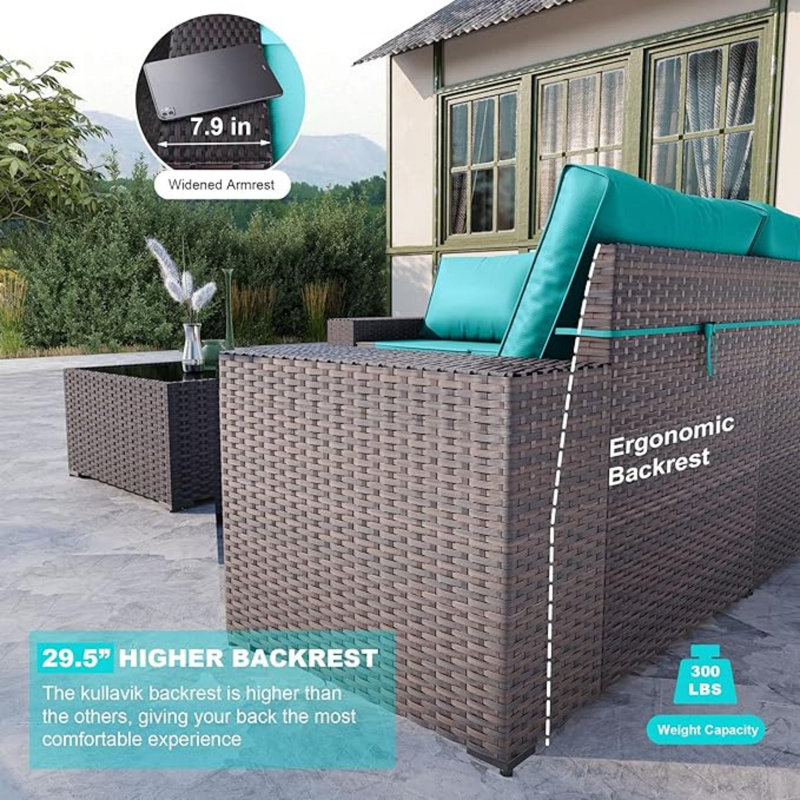 Dawes 12-Piece Outdoor Rattan Sectional Set With Cushions And Tempered Glass Table, Teal