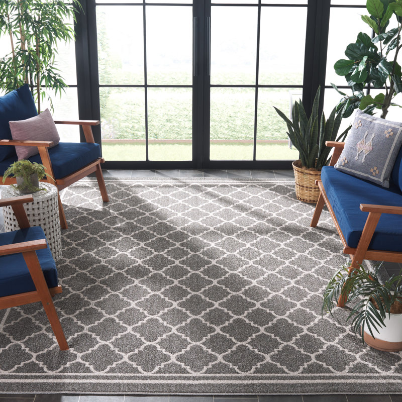 Tapis géométrique Ammundsen, Rectangulaire 8 pi x 10 pi, Gris foncé / beige