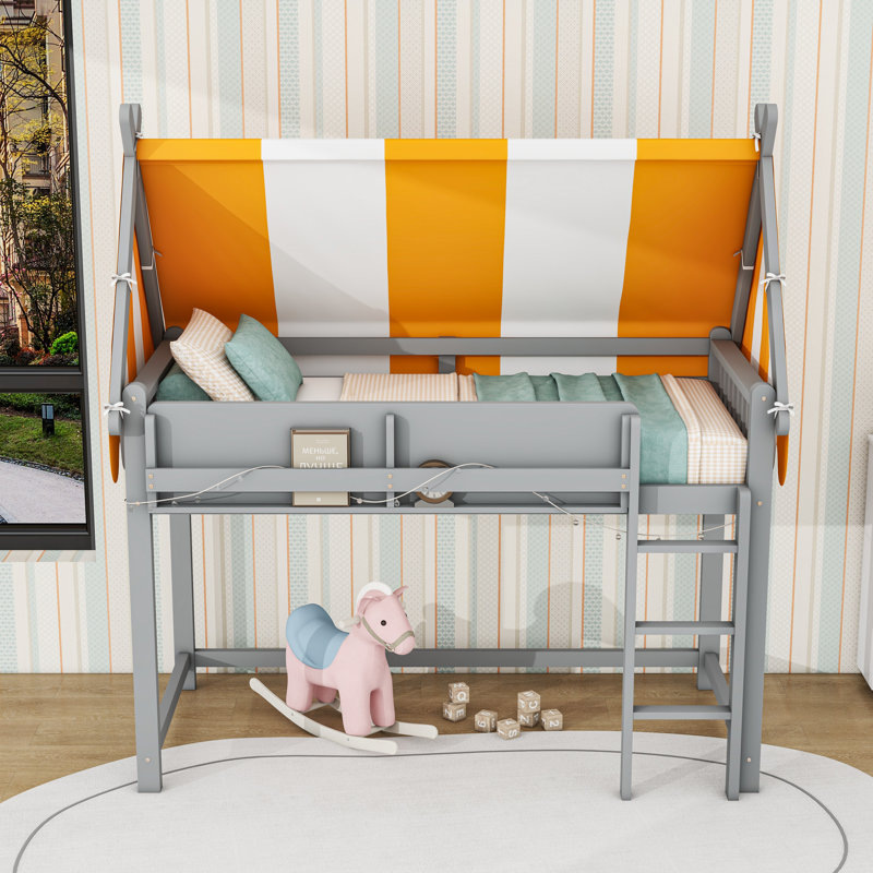 Loft Bed with Canopy, LED String Lights and Built-in Bookshel, Gray, Twin
