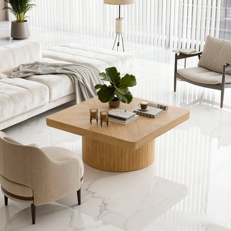 Table basse carrée avec base cylindrique, Naturel