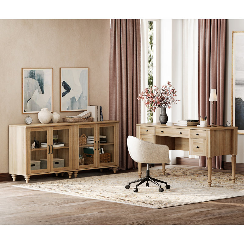 Ensemble de bureau 2 pièces, bureau double 56 po et ensemble de 2 armoires avec porte vitrée, chêne