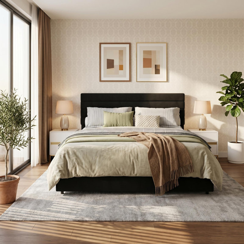 Structure de lit grand format, lit plateforme avec rangement en velours et 4 tiroirs, support de lattes en bois, aucun sommier requis, assemblage facile, noir