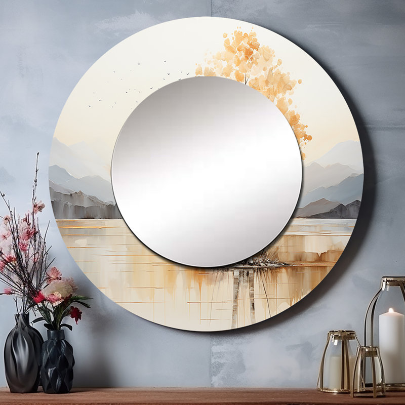 Calydon Minimalism Yellow Tree Solitude IV - Trees Unique Wall Mirror, Traditional Round Mirror, Printed Metal Art, 29" x 29"
