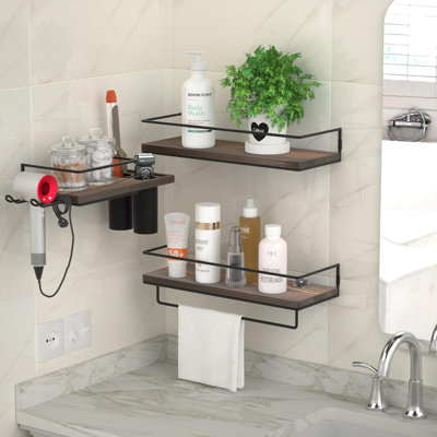 Floating Shelves For Wall Set Of 3, Wall Mounted Storage Shelves With Metal Frame, Toothbrush Holder, Hair Dryer Holder And Towel Rack For Bathroom, K -  Shimano, CfJB09ZRVW9VX