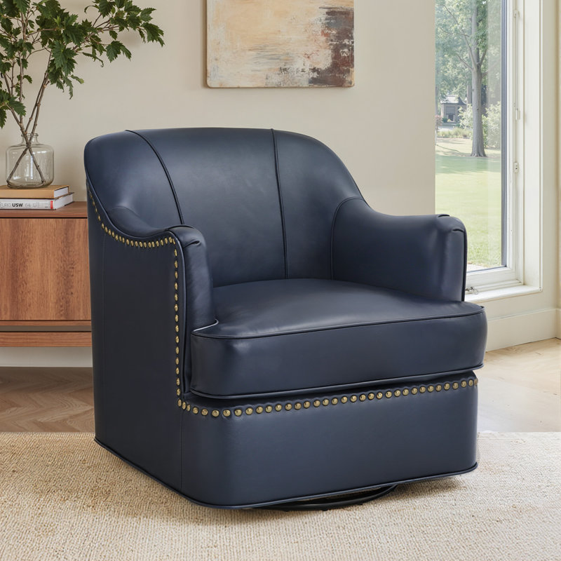 Fauteuil demi-tonneau pivotant en cuir véritable Fazio, Marine