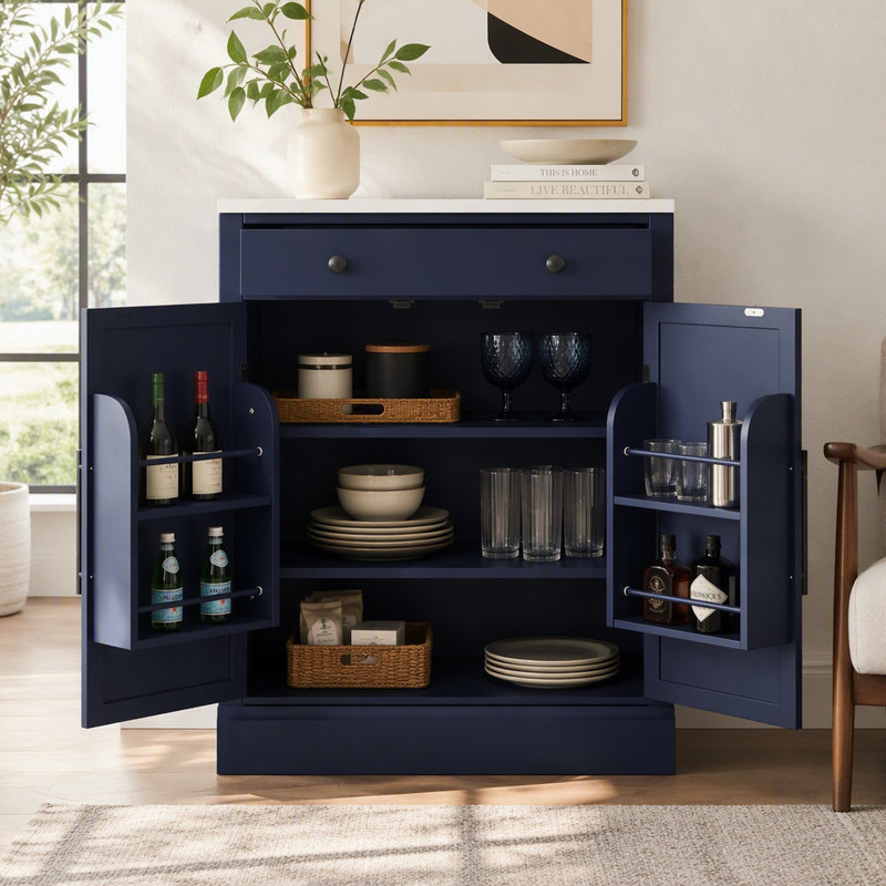 Meuble de cuisine moderne autoportant avec tiroir, 2 tablettes réglables et 2 tablettes à portes pour salle à manger, Bleu