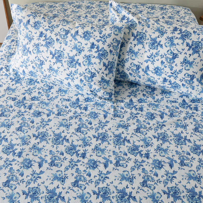 King Size Blue Floral Cotton Flannel Sheet Set