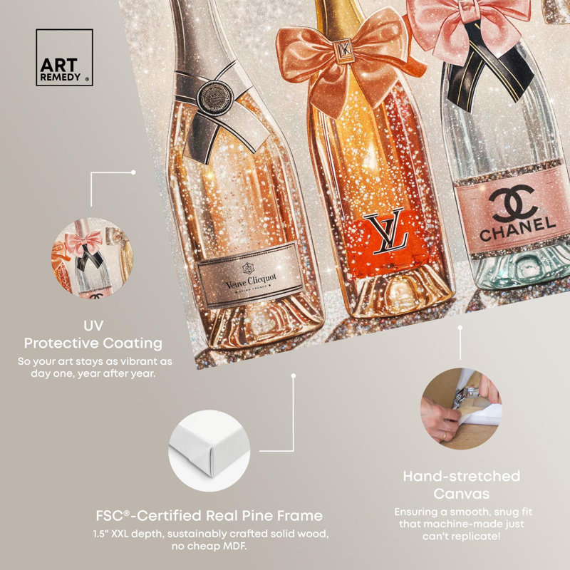 «Champagne Bottles Glitz» par Art Remedy, H 36 po x l 54 po, Toile tendue, Toile tendue