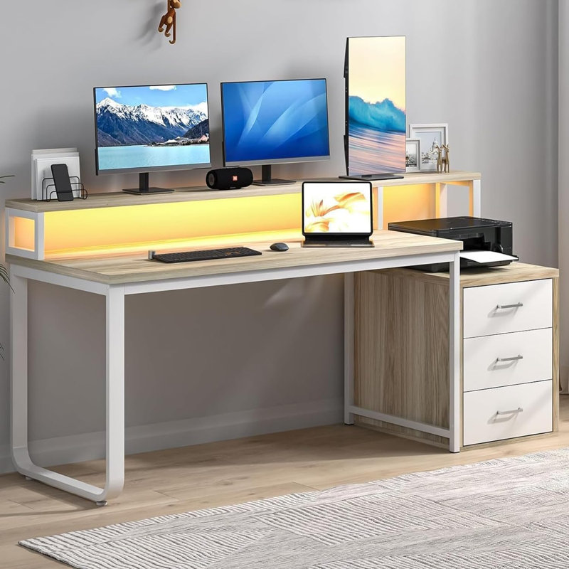 Computer Desk with Power Outlet, Walnut/White