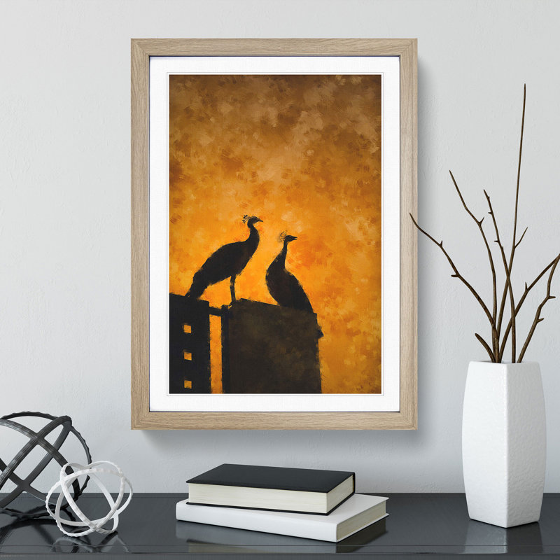 Silhouette of Two Peacocks - Picture Frame Painting Print, 87cm H x 62cm W x 2cm D, Oak Framed