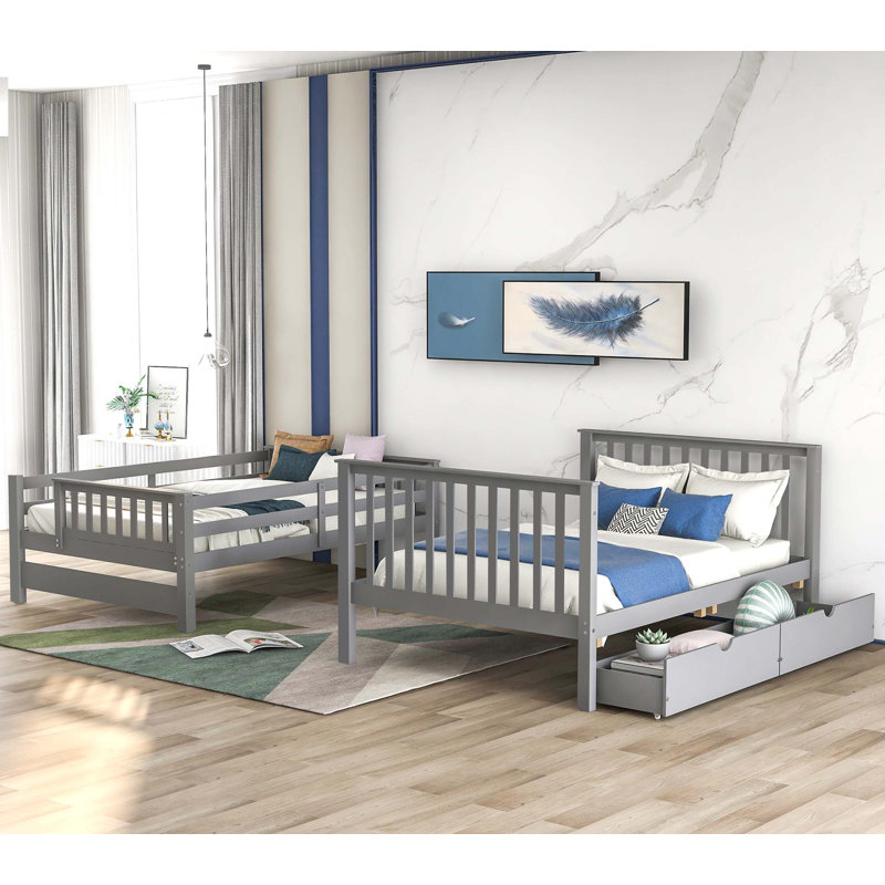 Lit superposé double au-dessus de double avec tablettes et 6 tiroirs de rangement, gris