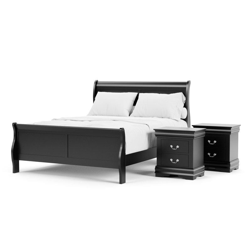 Ensemble de chambre à coucher Emelinda, Noir, Grand, Trois pièces : lit, 2 tables de chevet