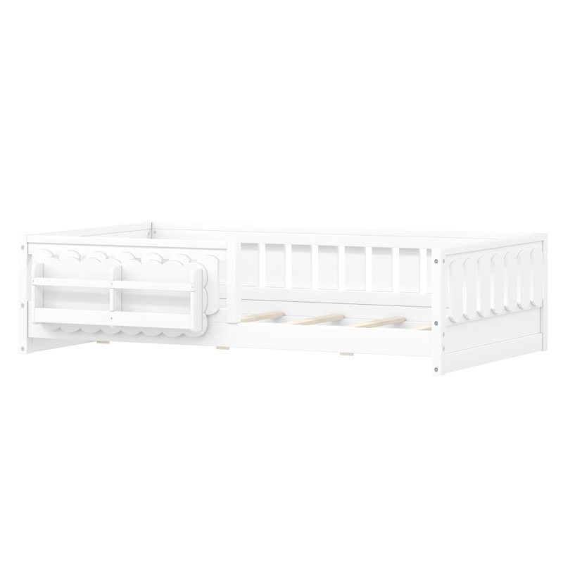Lit plateforme simple en bois avec garde-corps et tablettes de rangement, blanc, Blanc