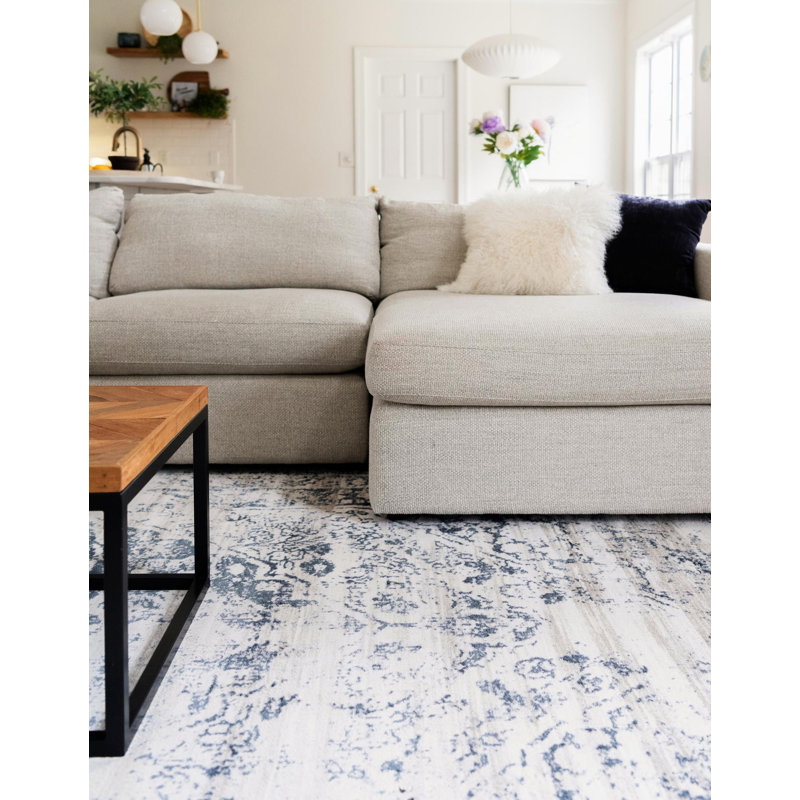 Arkeen Oriental Dark Blue/Beige/Ivory/Gray Area Rug, Rectangle 6'1" x 9'