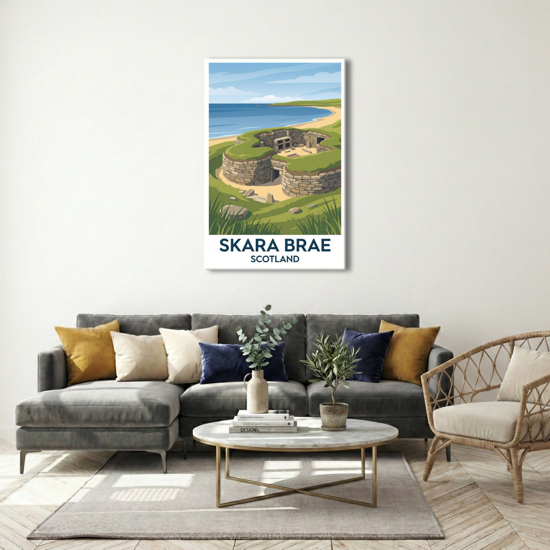 Skara Brae, Scotland - Romantic Travel Poster of Ancient Stone Village, Orkney Ruins. Giclee Print on Wrapped Canvas. Wall Art, Home Decor - Historic