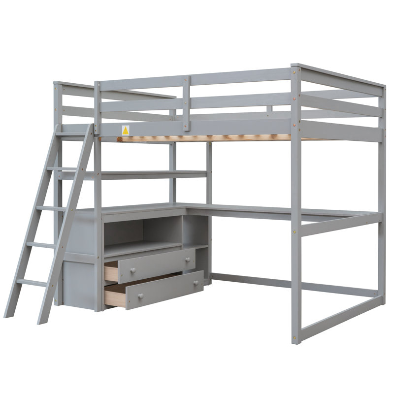 Lit mezzanine avec bureau et tablettes, deux tiroirs intégrés, gris