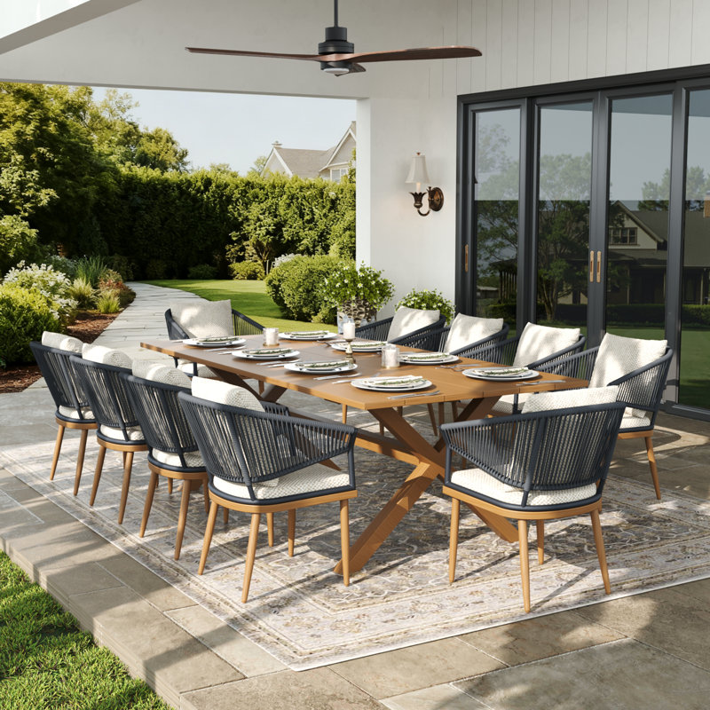 Rectangular Outdoor Dining Set With Cushions, Beige/Brown Wood/Grey/Brown, 10