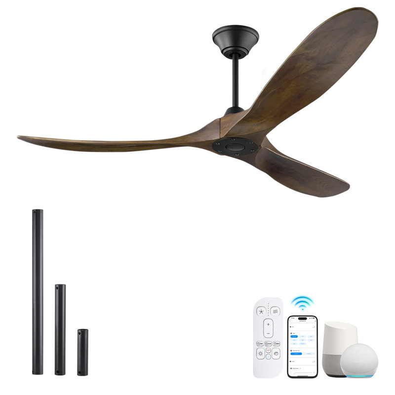 Ceiling Fan No Light, Samrt Ceiling Fan With Remote, 52", Walnut