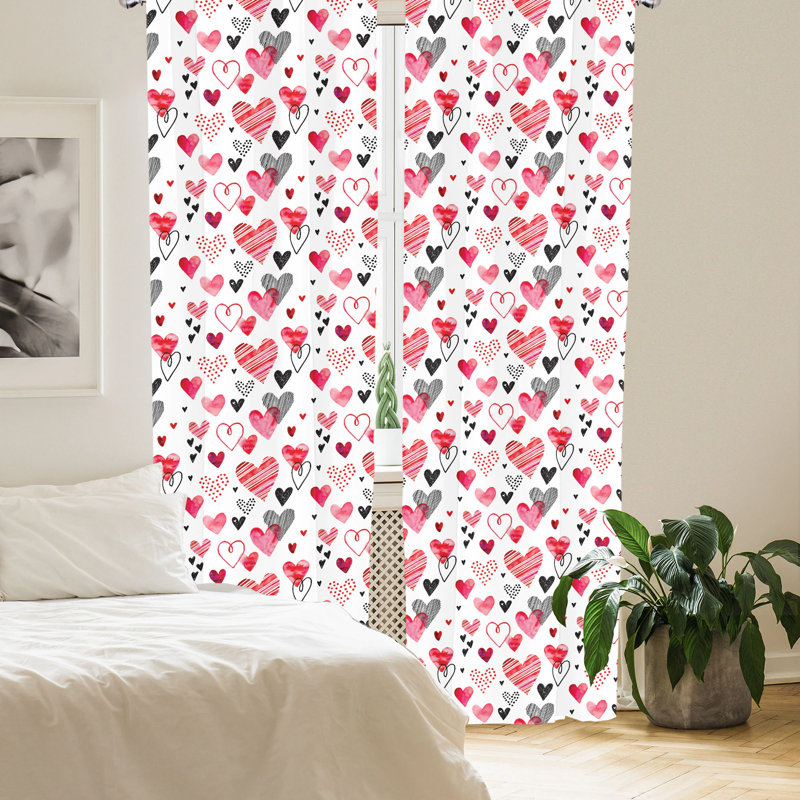 Romantic Hearts Pink Black White Polyester Rod Pocket Curtain Panels