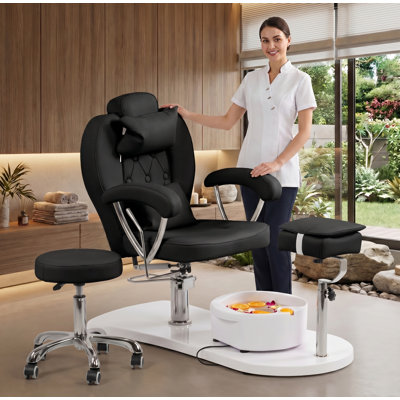 Fauteuil de pédicure professionnel avec tabouret et bain de pieds de massage amovible, station de pédicure inclinable hydraulique avec hauteur réglable, pivotant à 360 °