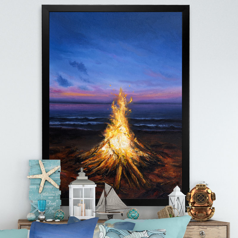 Campfire On Sunset - Painting on Canvas, Black Picture Framed Canvas, 20" H x 12" W x 1" D
