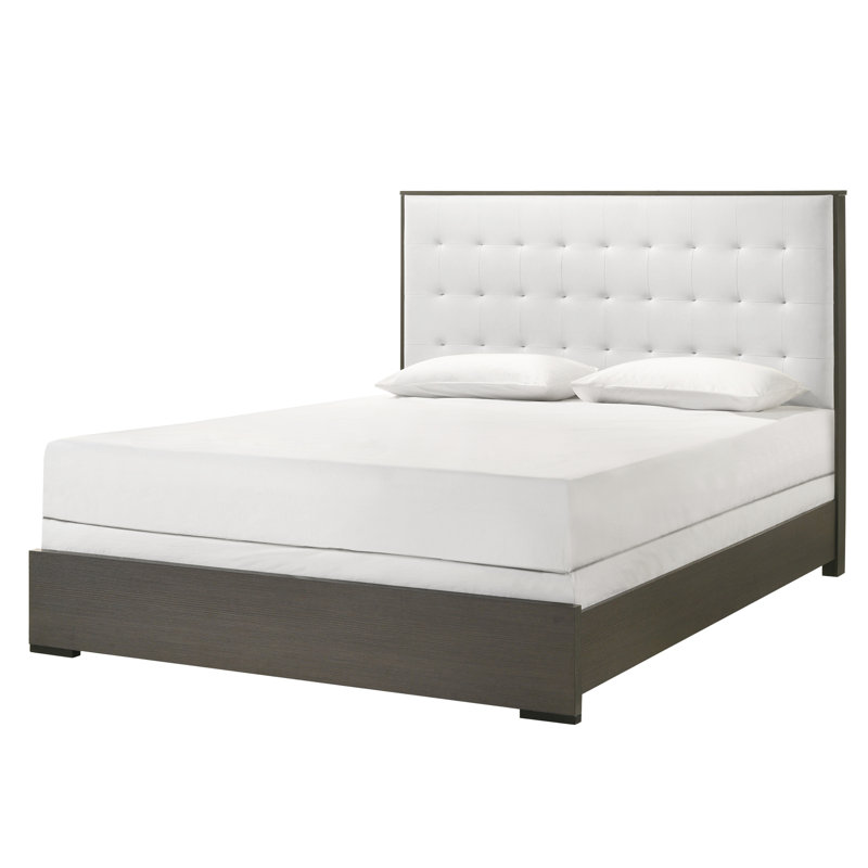 Grand lit à panneau tapissier contemporain avec tête de lit, capitonnage luxueux gris foncé et beige, Grand lit