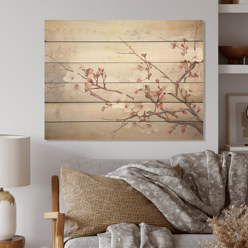 Minimalisme, fleur de cerisier beige sur bois de pin naturel, H 10 po x l 20 po