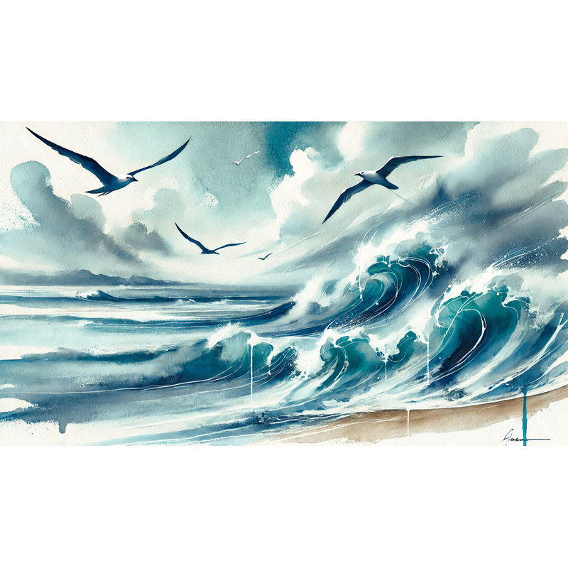 «Soaring Seagulls Over Waves», reproduction d'art sur toile tendue, H 20 po x l 35 po
