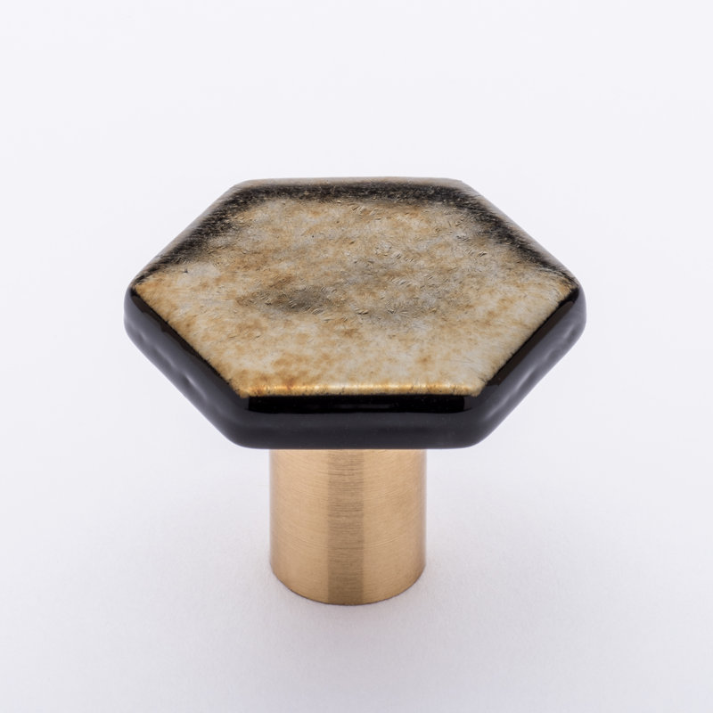 Geometric Satin Brass and Gold Iridized Black Glass Cabinet Knob
