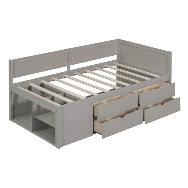 Lit de jour simple avec tiroirs et tablettes, gris, Gris, Simple