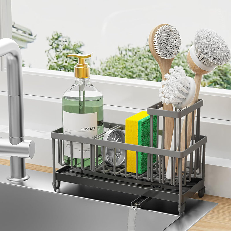 304 Sponge Holder for Kitchen Sink - Kitchen Sink Caddy with High Brush Holder & Soap Dispenser, Gray