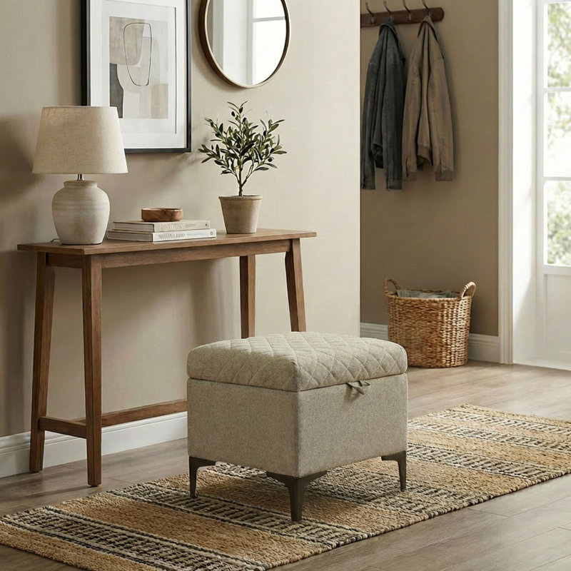 Reba Upholstered Storage Ottoman, Tan