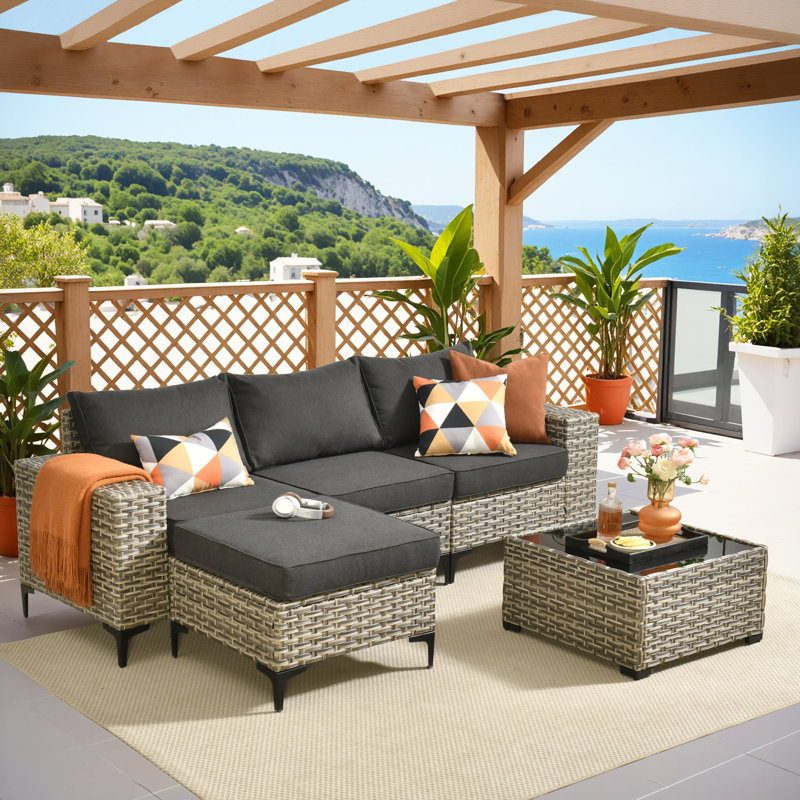4 Piece Rattan Patio Conversation Set with Cushions, Black, Yes