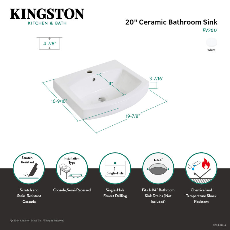 Kingston Brass Inflection 20-Inch Ceramic Bathroom Sink (1-Hole)