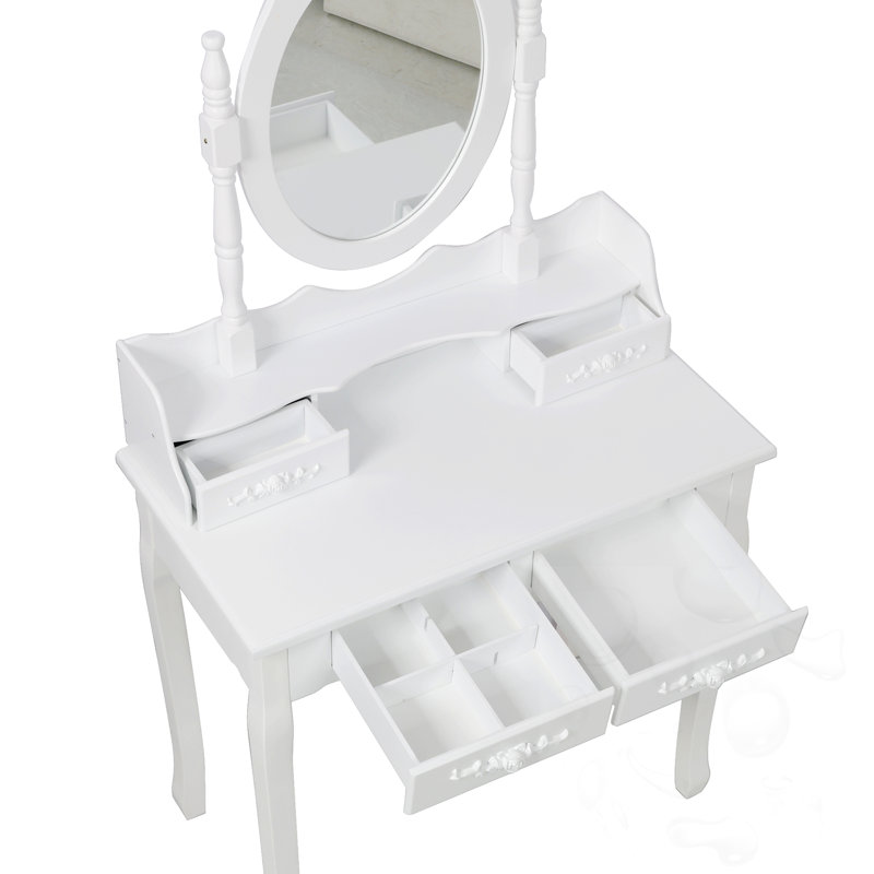 4-Drawer Vanity Desk Set With Mirror & Cushioned Stool, White