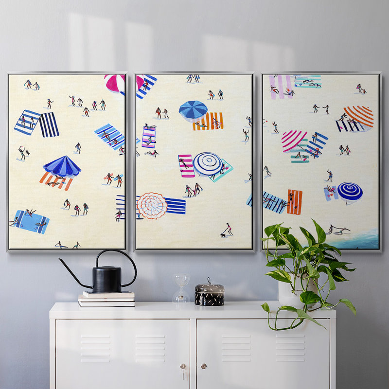 Plage colorée, reproduction sur toile 3 pièces, H 24 po x l 48 po, Encadrement argenté