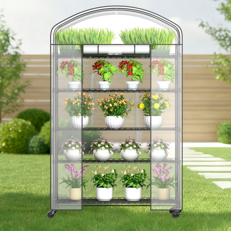 Abimars 5-Tier Portable Greenhouse with Locking Wheels, Clear PVC Cover, Zipper Door & Metal Shelves, Indoor Outdoor Mini Grow Tent for Balcony, Patio, Herbs, Seedlings & Houseplants