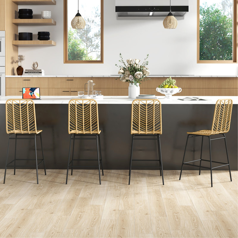 Rattan Bar Stools Set Of 4, 26" Counter Height Barstools, Boho Kitchen Island Stools With Breathable Wicker Seat And Back