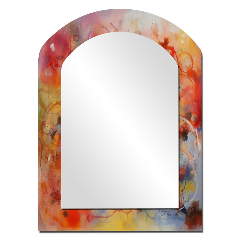 Orange Red Marbled Dreamscape II - Geometric Asymmetrical Decorative Wall Mirror, Modern Arch Mirror, Printed Metal Art