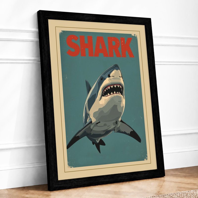 Shark Retro - Framed Print, A1 - 84.1 x 59.4 cm, Black