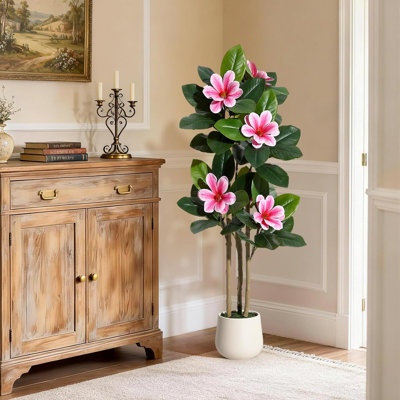 Faux arbre en caoutchouc de 4 pi avec troncs multiples, plante d'intérieur artificielle avec feuilles et fleurs en contact avec le pot - Décoration de maison et de bureau
