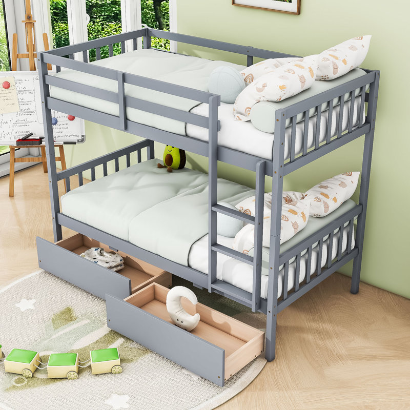 Lit superposé simple au-dessus de simple en bois avec tiroirs de rangement et échelle, gris